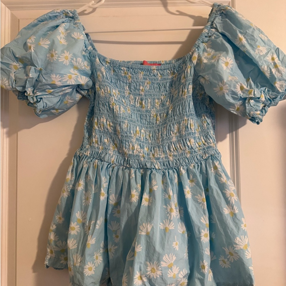 Simply Southern Blue Daisy Print Smocked Off-Shoulder Top M Cotton Scalloped Hem